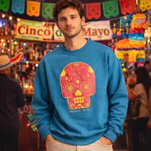 Mens M Day of The Dead Blue Sweatshirt Red Skull Calavera Dia de Muertos Sweater
